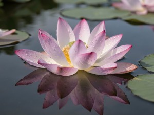 Lotus flower floating on still water surface, hydrophobic droplets beading on petals, photo