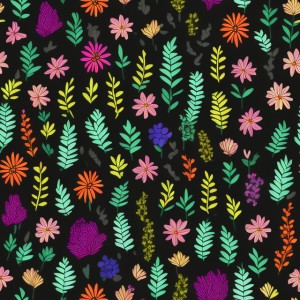 Black background with colorful pattern of plants and flowers, trending on artstation, base color, albedo, detailed, 4k