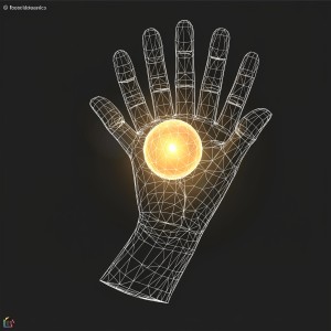 Wireframe mesh of a human hand holding a glowing orb