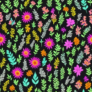 Black background with colorful pattern of plants and flowers, trending on artstation, base color, albedo, detailed, 4k