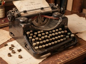 Vintage mechanical typewriter with scattered loose keys and aged paper sheets