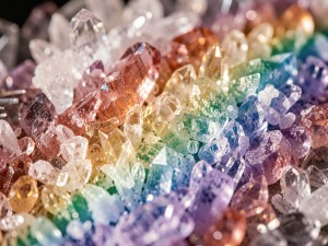 Crystalline salt heap reflecting rainbow spectrum, macro shot of mineral facets, photo
