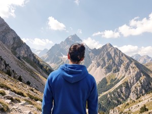 Person wearing blue hoodie facing mountains, photo