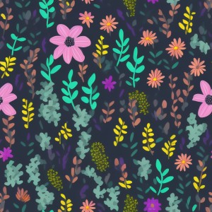 Dark background with colorful pattern of plants and flowers, trending on artstation, base color, albedo, detailed, 4k