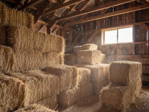Dried hay bales stacked in a rustic barn interior with dust motes, photo