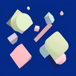 Floating geometric abstract shapes in matte pastel colors against deep blue background