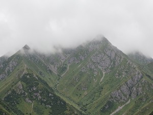 Green and gray mountains covered with fog, photo