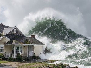 Tsunami about to hit a house during day time, photo