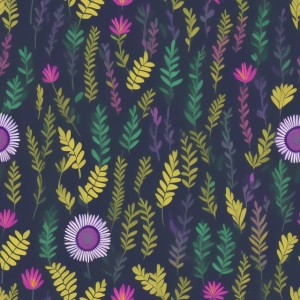 Dark background with colorful pattern of plants and flowers, trending on artstation, base color, albedo, detailed, 4k