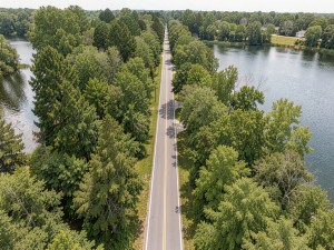 Aerial photo of road between trees near body of water, photo